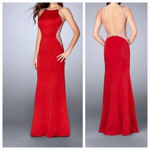 La Femme High Neck Beaded Side Cut Outs Prom, Bridal, Evening Maxi Dress. Size 4